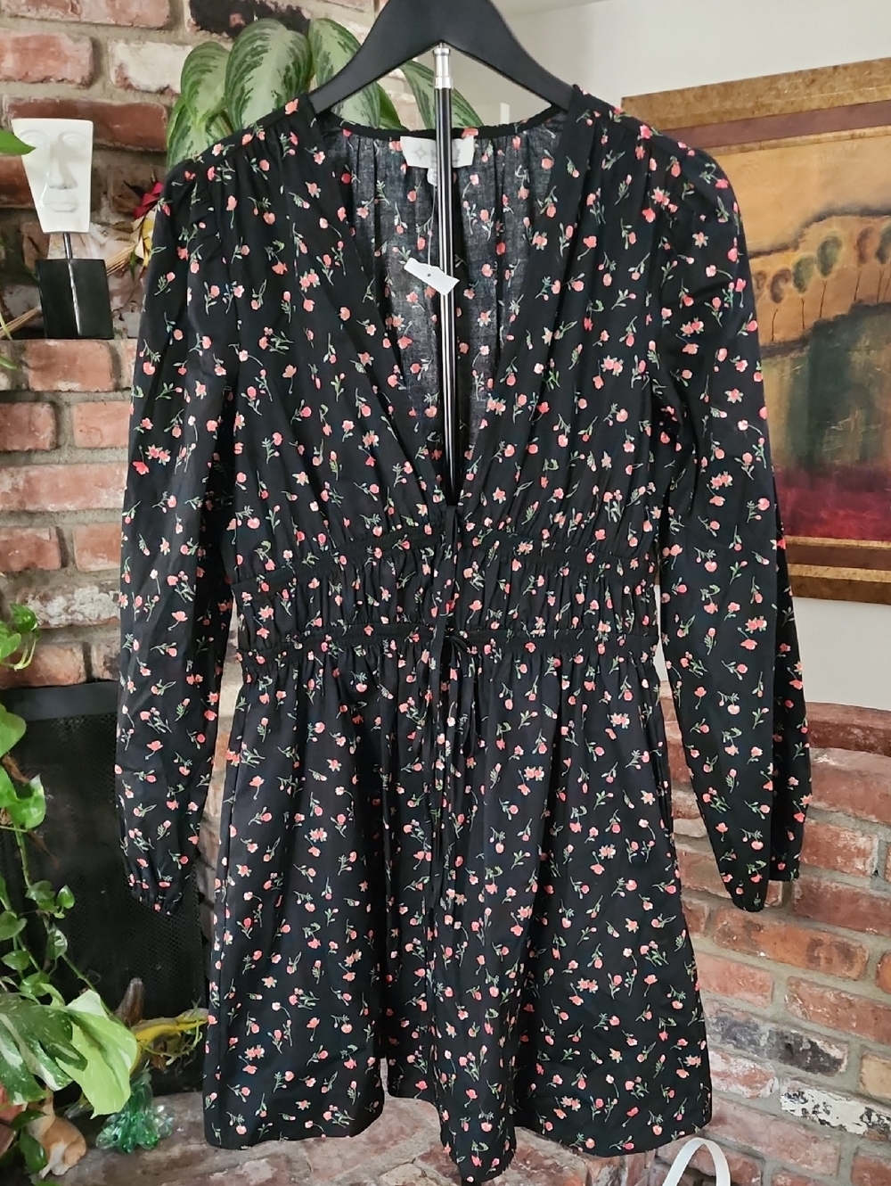 NWT Wayf Black Floral Long Sleeve Mini Dress Red Ditsy Boho Cottagecore
